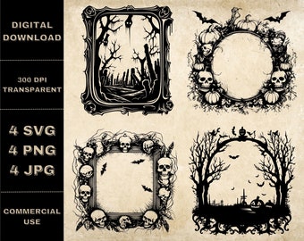 May include: Four black and white Halloween themed frames with spooky details.  The frames are decorated with skulls, bats, and trees.  The frames are perfect for adding a spooky touch to your Halloween decorations.