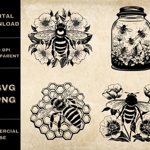Bee SVG bundel, PNG, Honey Bee clipart, hand getrokken bijen thema vectorillustratie, SVG-bestanden voor lasergravure