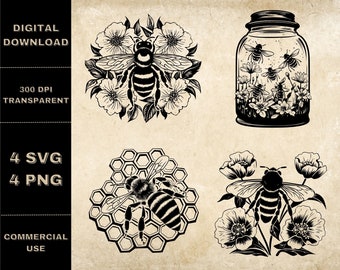 Bee SVG Bundle, PNG, Honey Bee Clipart, Hand Drawn Bees Themed Vector Illustration, SVG Files For Laser Engraving