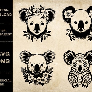 Koala With Flower SVG Bundle, PNG, Floral Koala Clipart, Hand Drawn Koalas Vector Illustration, SVG Files For Laser Engraving