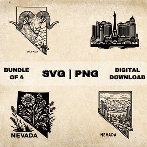 Nevada State SVG Bundle, Nevada Clipart, Las Vegas Skyline, Flower, Bighorn Sheep Theme Vector, PNG Files For Laser Engraving & Craft