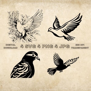 Dove SVG Bundle, PNG, Peace Bird Clipart, Hand Drawn Dove Vector Illustration, SVG Files For Laser Engraving