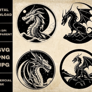 Magic Dragon SVG Bundle, PNG, Celestial Dragon Clipart, Hand Drawn Dragons Vector Illustration, SVG Files For Laser Engraving