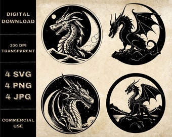 Magic Dragon SVG Bundle, PNG, Celestial Dragon Clipart, Hand Drawn Dragons Vector Illustration, SVG Files For Laser Engraving
