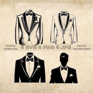 Tuxedo SVG Bundle, PNG, Wedding Tuxedo Clipart, Abito disegnato a mano Papillon Illustrazione vettoriale, File SVG per incisione laser