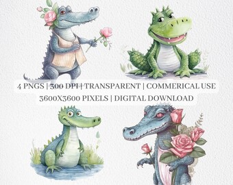 Niedliche Krokodil Clipart, Aquarell Krokodil PNG-Dateien, Alligator Clip Art, Kinderzimmer Dekor, druckbare Wandkunst, Sublimation kommerzielle Nutzung