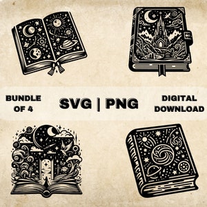 Fantasieboek SVG-bundel, magische boeken clipart, hand getrokken lezing thema vectorillustratie, SVG-bestanden voor lasergravure & ambacht