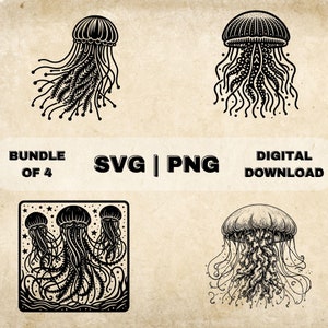 Jellyfish SVG Bundle, Jelly fish Clipart, Hand Drawn Sea Life Theme Vector Illustration, PNG Files For Laser Engraving & Craft