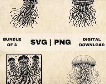Quallen SVG Bundle, Quallen Clipart, handgezeichnete Meeresleben Thema Vektor Illustration, PNG Dateien für Lasergravur & Basteln