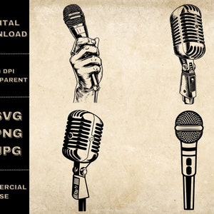 Microphone SVG Bundle, PNG, Microphone Clipart, Hand Drawn Microphone Vector Illustration, SVG Files For Laser Engraving