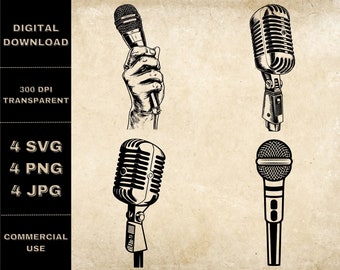 Microphone SVG Bundle, PNG, Microphone Clipart, Hand Drawn Microphone Vector Illustration, SVG Files For Laser Engraving