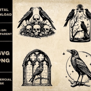 Raven SVG Bundle, PNG, Black Crow Clipart, Hand Drawn Halloween Themed Vector Illustration, SVG Files For Laser Engraving
