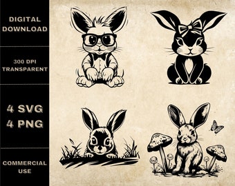 かわいいウサギの SVG バンドル、PNG、赤ちゃんウサギのクリップアート、手描きのウサギのベクターイラスト、レーザー彫刻用の SVG ファイル