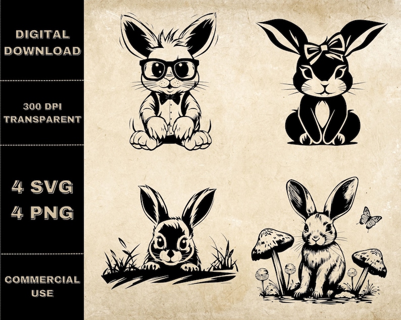Cute Rabbit SVG Bundle, PNG, Baby Bunny Clipart, Hand Drawn Rabbits ...