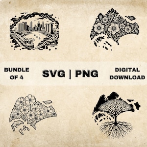 Singapore Map SVG Bundle, Singapore Clipart, Hand Drawn Singapore Skyline Theme Vector Illustration, PNG Files For Laser Engraving & Craft