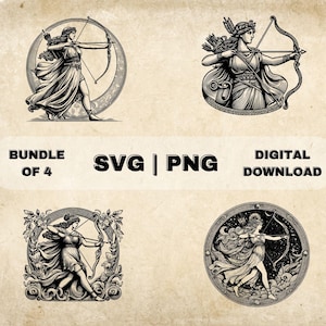 May include: A set of four digital illustrations depicting a woman with a bow and arrow in various poses. The illustrations are in a vintage style with intricate details and a black and white colour scheme. The text "Bundle of 4" and "SVG | PNG" is included in the image.
