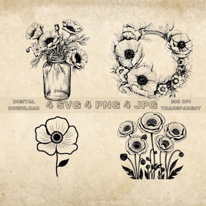 Mohnblumen SVG Bundle, PNG, Blumen Clipart geschnitten Dateien, Blumenkranz und Vase SVG, handgezeichnete Mohnblumen Vektor Art