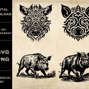 Wild Boar SVG Bundle, PNG, Boar Head Clipart, Hand Drawn Boars Vector Illustration, SVG Files For Laser Engraving