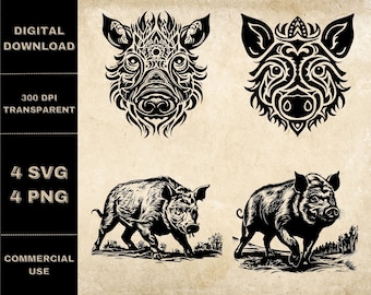 Wild Boar SVG Bundle, PNG, Boar Head Clipart, Hand Drawn Boars Vector Illustration, SVG Files For Laser Engraving
