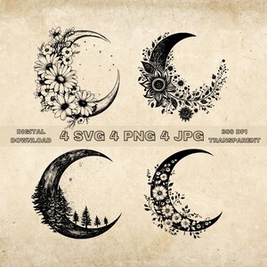 Crescent Moon SVG Bundle, PNG, Floral Moon Clipart, Hand Drawn Moon With Trees Vector Illustration, SVG Files For Laser Engraving