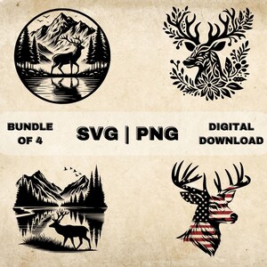 Deer Scene SVG Bundle, Floral Deer Clipart, Hand Drawn American Flag Deer Theme Vector Illustration, SVG Files For Laser Engraving & Craft