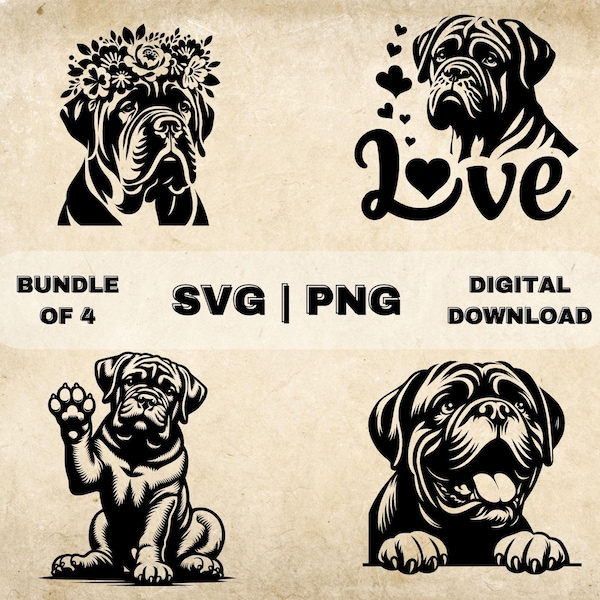 Bundle Bullmastiff SVG, Clipart Bullmastiff, Illustration vectorielle de chien dessiné à la main, fichiers SVG pour gravure laser et travaux manuels