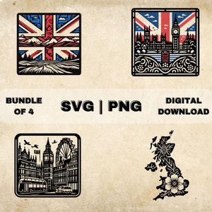 Vereinigtes Königreich SVG-Bundle, UK Flagge Clipart, Großbritannien, britische Karte, London Skyline England Thema, PNG-Dateien für die Lasergravur & das Basteln