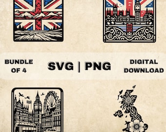 Paquete SVG del Reino Unido, imágenes prediseñadas de la bandera del Reino Unido, Gran Bretaña, mapa británico, tema de Inglaterra del horizonte de Londres, archivos PNG para grabado láser y artesanía