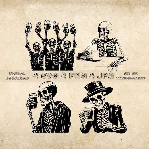 Skeleton Drinking SVG Bundle, PNG, Funny Skeletons Clipart, Hand Drawn Skeleton With Coffee & Beer Illustration, SVG Files For Laser Engrave