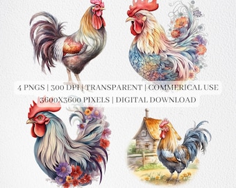 Rooster Clipart, Farm Animals PNG Files For Sublimation, Rooster Clip Art, Rooster Print, Printable Wall Art, Commercial Use