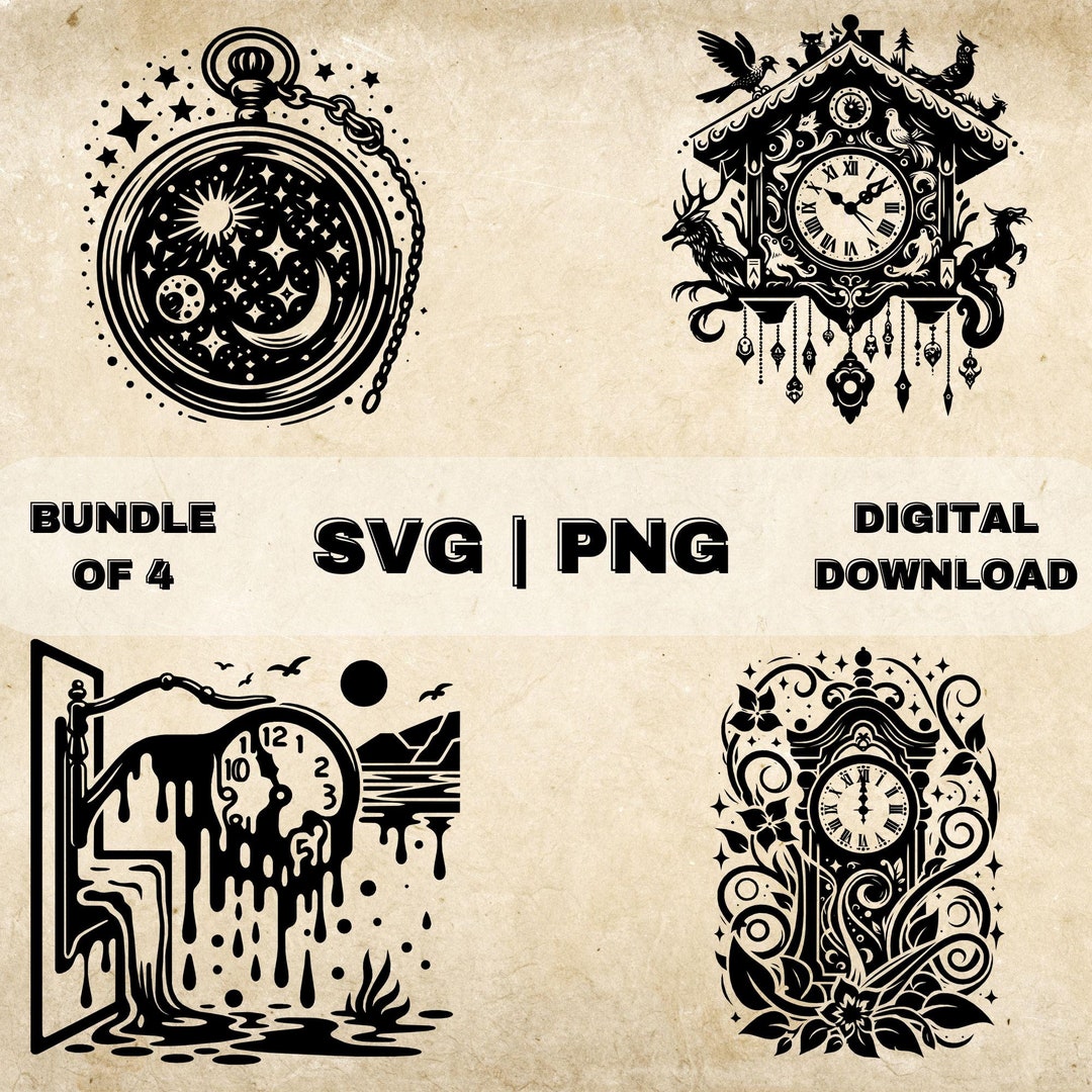 Whimsical Clock SVG Bundle, Fantasy Clipart, Hand Drawn Clock Themed ...
