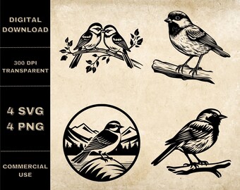 Chickadee SVG Bundle, PNG, Cute Birds Clipart, Ręcznie Rysowany Ptak Wektor Ilustracja, Pliki SVG Do Grawerowania Laserowego
