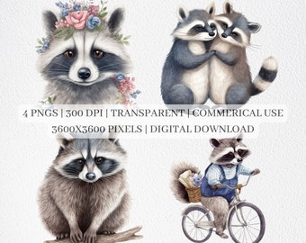 Cute Raccoon Clipart, Raccoon PNG Files For Sublimation, Raccoons Clip Art, Raccoon  Print, Printable Wall Art, Commercial Use