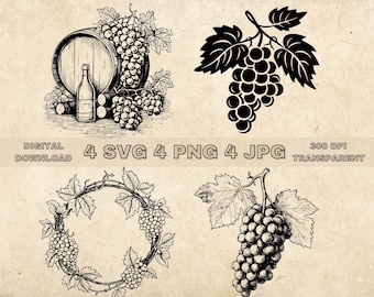 Grape SVG Bundle, PNG, Grapes Clipart, Hand Drawn Grape Vector Illustration, SVG Files For Laser Engraving