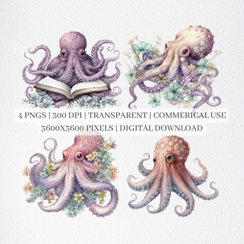 May include: Four digital illustrations of watercolor octopuses with floral accents. The octopuses are in various poses, including one reading a book. The illustrations are on a white background.