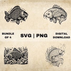 Carp SVG Bundle, Fish Clipart, Hand Drawn Fisherman Carp Fishing Lover Theme Vector Illustration, PNG Files For Laser Engraving & Craft