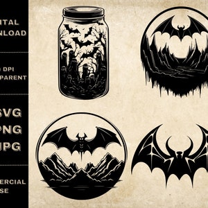 Bat SVG Bundle, PNG, Halloween Bats Clipart, Ręcznie Rysowane Nietoperze Wektorowe Ilustracja, Pliki SVG Do Grawerowania Laserowego
