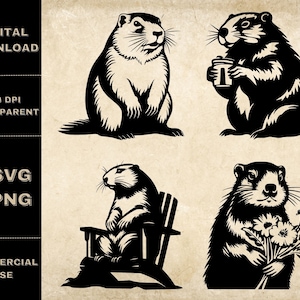 May include: Four black and white illustrations of a prairie dog in different poses. One prairie dog is standing, one is holding a cup, one is sitting in a chair, and one is holding a bouquet of flowers.