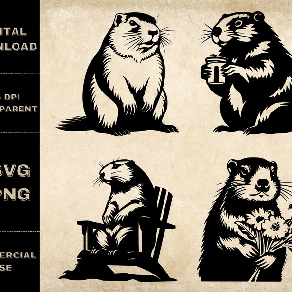 Groundhog SVG Bundle, PNG, Woodchuck Clipart, Hand Drawn Groundhog Vector Illustration, SVG Files For Laser Engraving