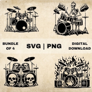Könnte beinhalten: Ein Satz von vier Schwarzweißillustrationen von Schlagzeugen. Das erste Schlagzeug ist ein traditionelles Schlagzeug. Das zweite Schlagzeug zeigt ein Skelett, das Schlagzeug spielt. Das dritte Schlagzeug zeigt Schädel auf den Trommeln. Das vierte Schlagzeug steht in Flammen.