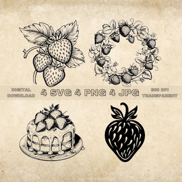 Strawberry SVG Bundle, PNG, Strawberries Clipart, Hand Drawn Strawberry Vector Illustration, SVG Files For Laser Engraving