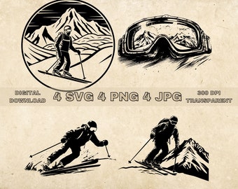 May include: Black and white illustration of a skier in a mountain landscape. The skier is wearing a helmet and goggles. The image is in a circle with the text "DIGITAL DOWNLOAD 4 SVG 4 PNG 4 JPG 300 DPI TRANSPARENT" below it.