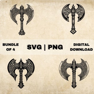 May include: A digital download bundle of four SVG and PNG files featuring intricate black and white illustrations of ornate axes. The axes have a double-headed design with detailed carvings and a pointed tip.