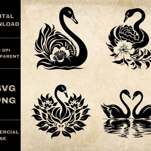 Swan SVG Bundle, PNG, Swan With Flowers Clipart, Hand Drawn Elegant Swan Vector Illustration, SVG Files For Laser Engraving