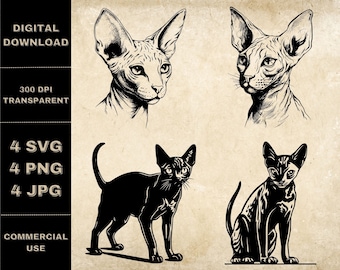 Sphynx Cat SVG Bundle, PNG, Sphynx Cat Clipart, Hand Drawn Cat Vector Illustration, SVG Files For Laser Engraving