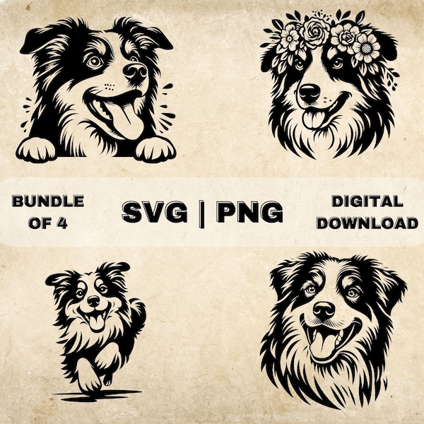 Paquete SVG de pastor australiano, imágenes prediseñadas de perro lindo, ilustración vectorial de tema de perro dibujado a mano, archivos SVG para grabado láser y artesanía
