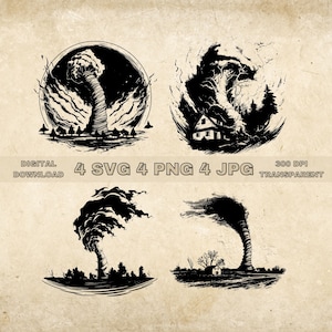Puede incluir: Cuatro ilustraciones en blanco y negro de tornados. La primera imagen muestra un tornado en un círculo con un fondo oscuro. La segunda imagen muestra un tornado con una casa en el fondo. La tercera imagen muestra un tornado con árboles en el fondo. La cuarta imagen muestra un tornado con una casa en el fondo.