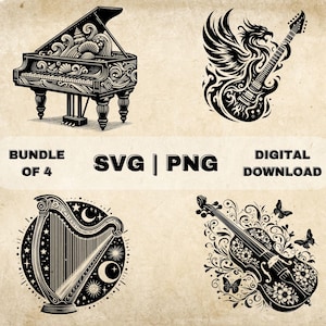 Musical Instrument SVG Bundle, PNG, Musician Clipart, Hand Drawn Music Themed Vector Illustration, SVG Files For Laser Engraving & Craft