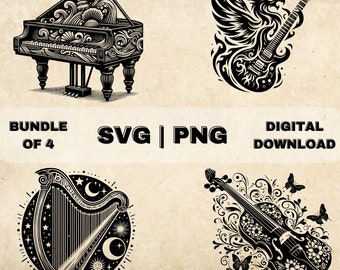 Musical Instrument SVG Bundle, PNG, Musician Clipart, Hand Drawn Music Themed Vector Illustration, SVG Files For Laser Engraving & Craft