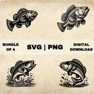 Può includere: Un pacchetto di quattro download digitali SVG e PNG in bianco e nero con illustrazioni di pesci persici. Due immagini mostrano il pesce che salta fuori dall'acqua con spruzzi, e due immagini mostrano il pesce che nuota.